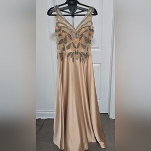 Elegant Champane Color Evening Gown With Rhienstone Details